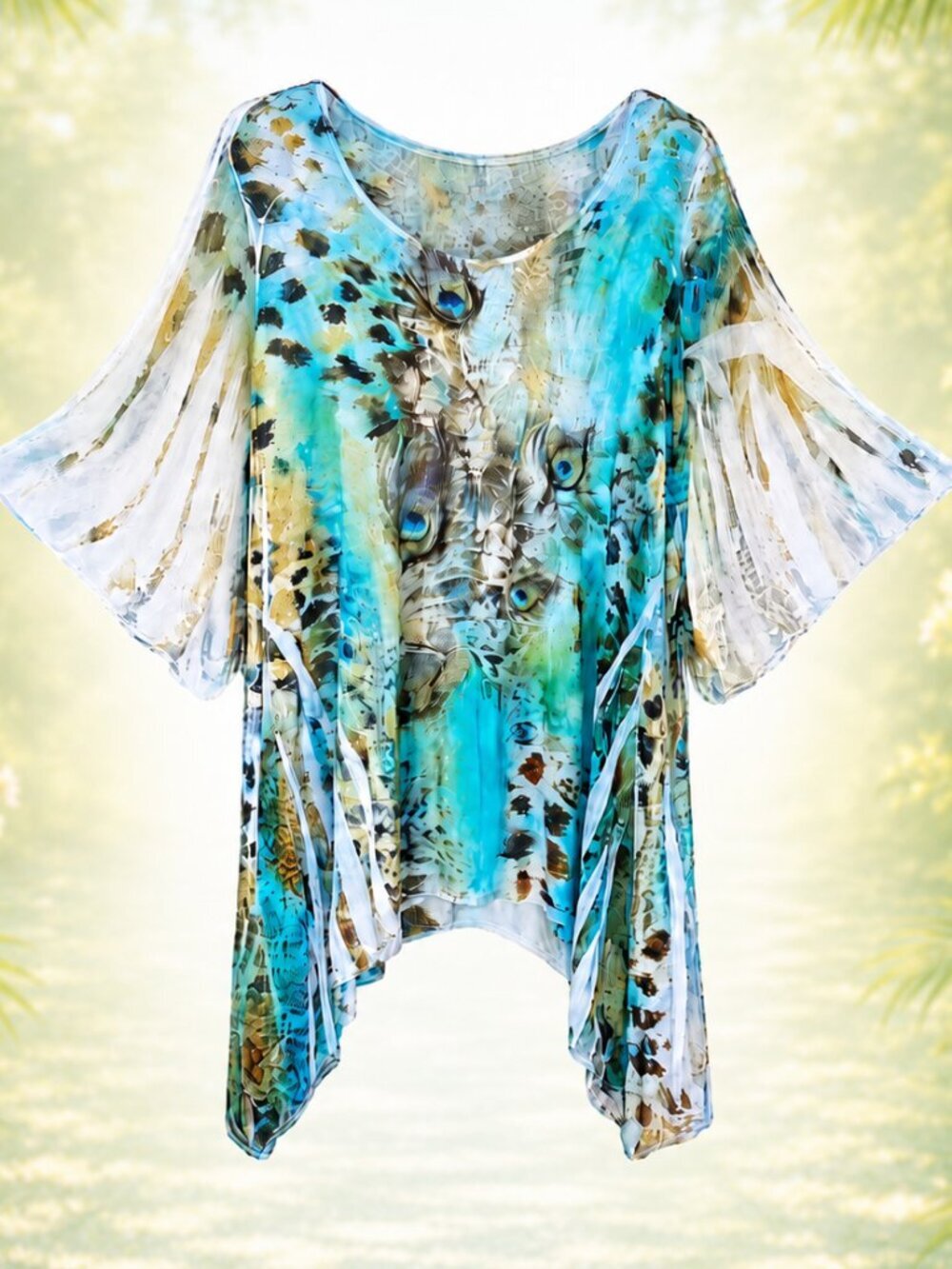 NWT Cal Style Peacock Print Tunic Butterfly Sheer Sleeves - 3X